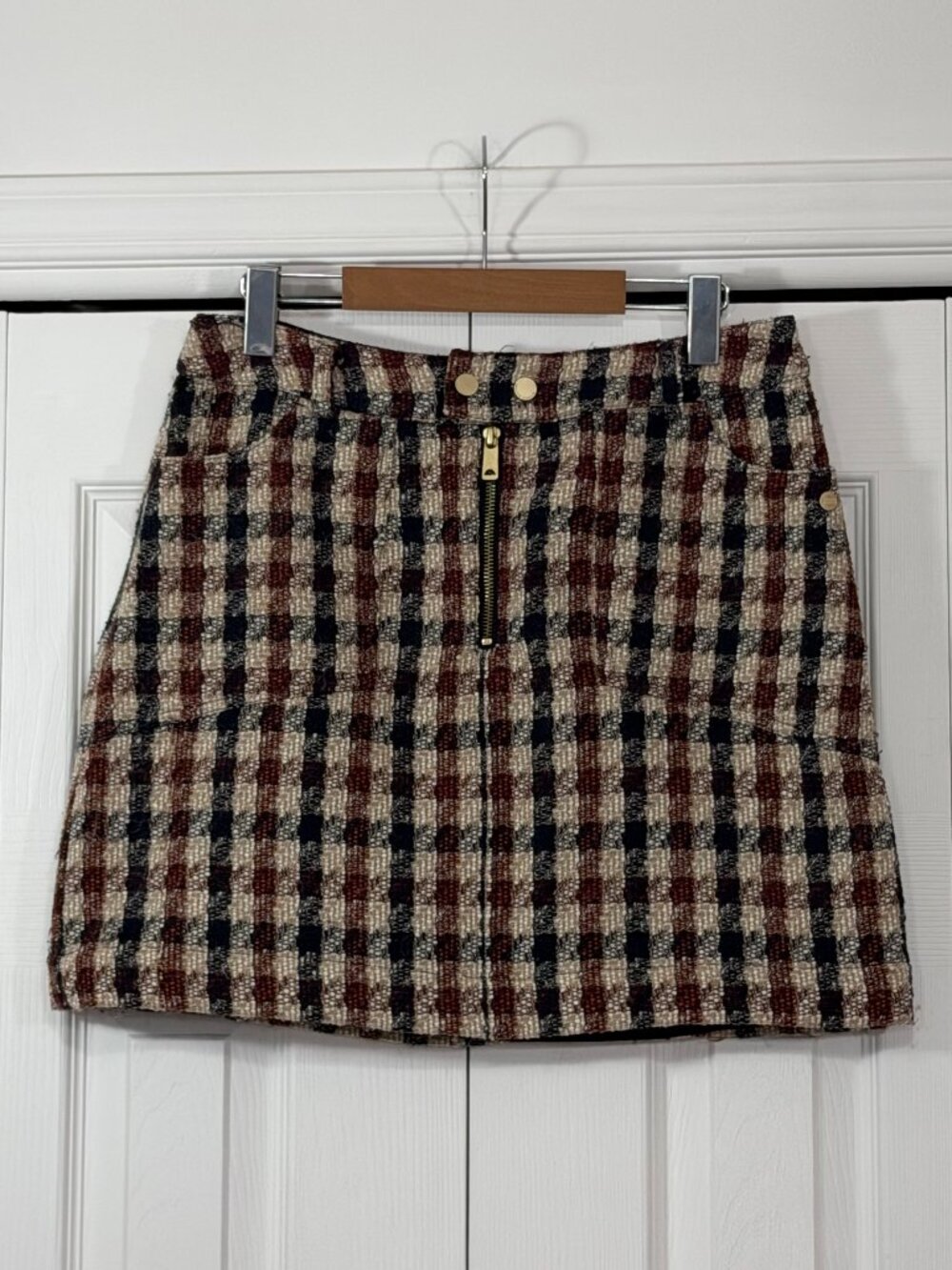 Maison Scotch & Soda Wool-Blend Tweed Mini Skirt – Plaid, Gold Zip